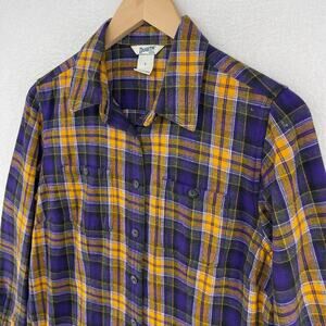 DULUTH TRADING Shirt Womens S Flannel Plaid Button Up Cotton Purple Yellow